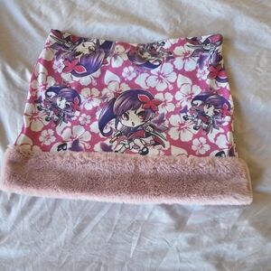 Chic Pink Anime Print Mini Skirt with Faux Fur Trim